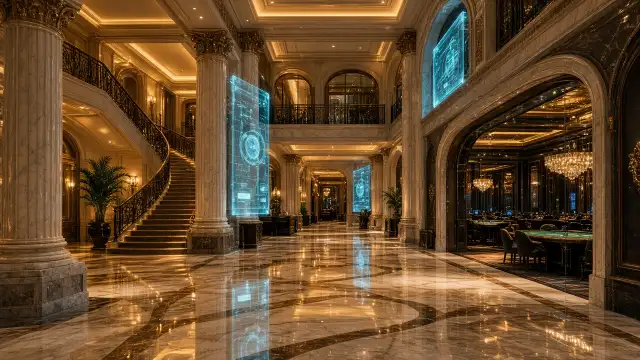 Vestíbulo del hotel con paneles luminosos